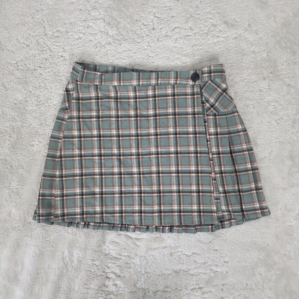 Jolt Green and Cream Plaid Wrap Mini Skirt